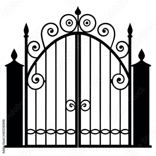 Ornate wrought iron gate with decorative scrolls and finials metal