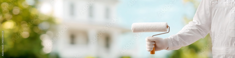 Obraz premium Man painter worker holding paint roller in glove. House painting residential property exterior renovation. Home repair or improvement concept. copy space.