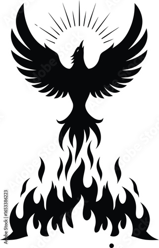 Mythical phoenix rising from fire, black silhouette of legendary firebird with sun rays, rebirth and immortality symbol vector illustration