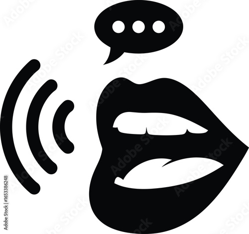 Vector art of black and white icon of a mouth speaking with sound waves and speech bubble isolated on white background