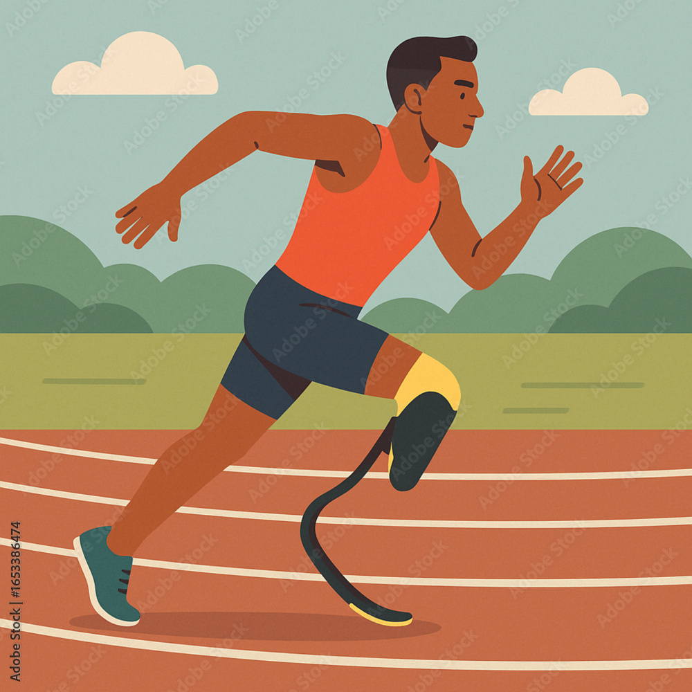Obraz premium Flat illustration of athlete with prosthetic leg sprinting