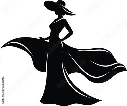 Vector art of elegant silhouette of a woman in a flowing dress and hat isolated on white background