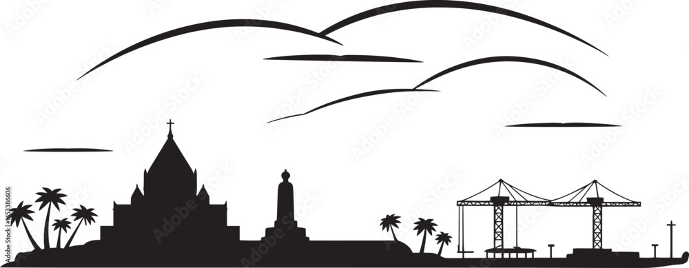 Fototapeta premium Silhouette of Coastal Cityscape with Palm Trees, Buildings, and Cranes on Transparent Background
