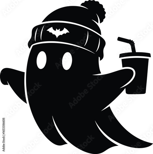 Minimalist ghost silhouette wearing beanie hat and holding coffee cup, cute spooky phantom character, black and white Halloween vector illustration