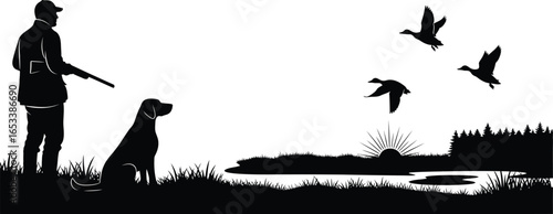 Vector art of hunter and dog wait for ducks to fly by at sunrise