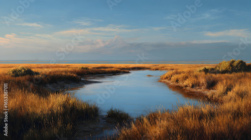 Moody Horizon Over a Salt Marsh: Soft Blue Sky Above Amber Tidal Flats