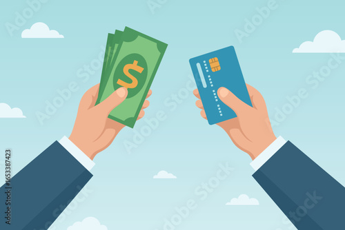 Cash and Credit Card, Flat Vector Illustration. Hand Holding Cash and Bank Card on Blue Background. Financial Concept for Shopping, Online Payment, Cash Payment, Card Payment, Money Transfer, Banking