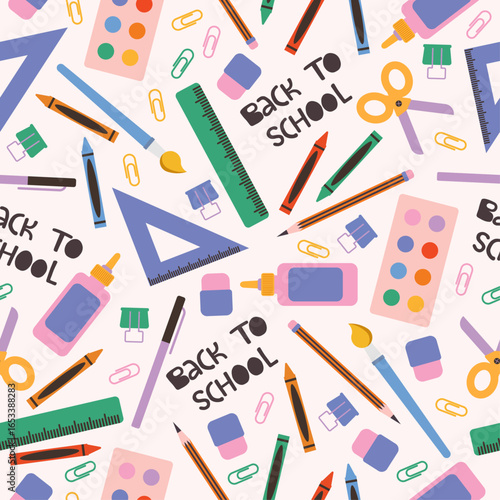 Hand drawn seamless pattern with stationery and office supplies in flat style. Background with school and office objects and business workflow items. Colorful backdrop with crayons and rulers
