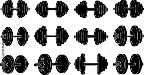 Collection of black dumbbell silhouettes isolated on white background fitness equipment