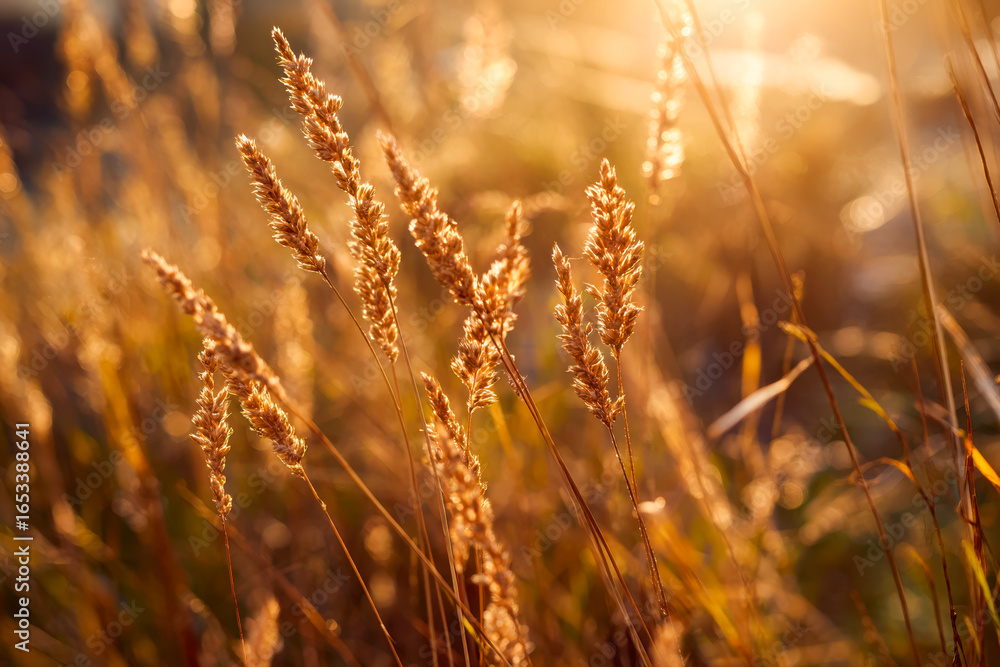 Fototapeta premium Golden wild grasses illuminated by warm sunset light in a serene natural setting