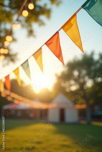 Festive Outdoor Event with Colorful Bunting and Warm Sunlight in a Green Park