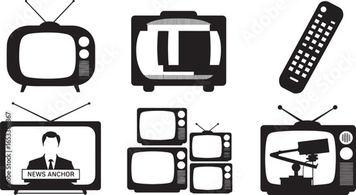 Television Media Icons Set Broadcasting News and Entertainment Technology Silhouette Vector