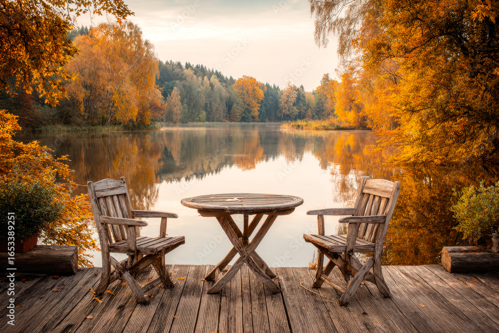 Obraz premium Tranquil autumn lakeside scene with wooden seating and reflective water view