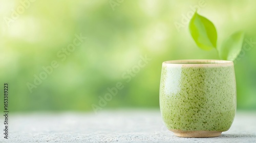 Green matcha tea in a textured ceramic cup with soft bokeh background