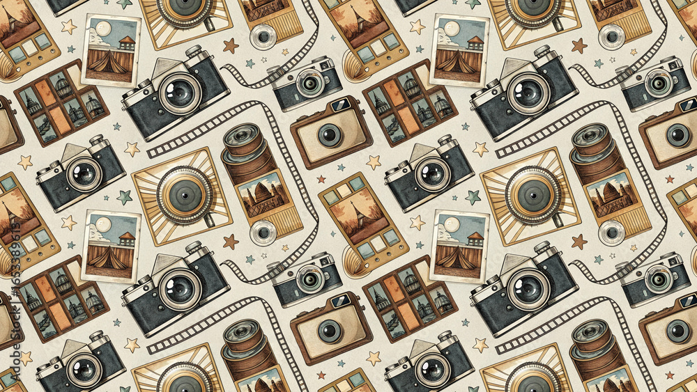 Obraz premium A vintage pattern featuring various cameras and photography elements as a creative background design 