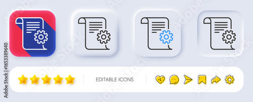 Technical documentation line icon. Neumorphic, Flat shadow, 3d buttons. Instruction sign. Line technical documentation icon. Social media icons. Vector