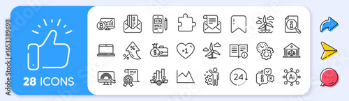 Mail newsletter, Puzzle and Notebook line icons. Interest rate, AI generate, Inflation icons. Pack of Bitcoin chart, Lgbt, Technical info icon. Search, Employee, Teamwork chart pictogram. Vector