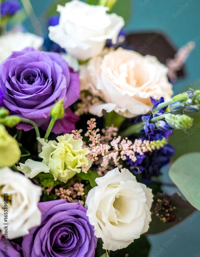 Fototapeta premium Close-up of a bouquet featuring purple, white, and blush roses, complemented by other flowers and greenery