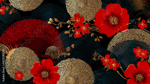 Elegant floral pattern with red blossoms and intricate gold accents on a dark background