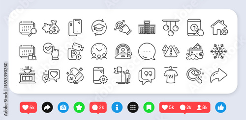 Air conditioning, Calendar and Checkbox line icons pack. Social media: share, comment, like icons. Touchscreen gesture, Leadership, Seo phone web icon. Vector