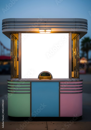 Retro Art Deco Ticket Booth with Blank Screen Mockup at Dusk