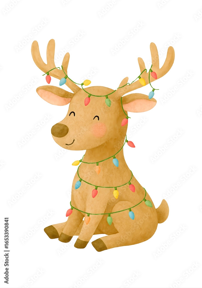 Fototapeta premium Cute Christmas Reindeer Watercolor Clipart – Holiday Elk with Fairy Lights Illustration, Winter Decor