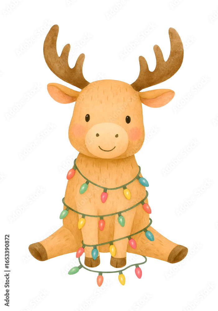 Fototapeta premium Cute Christmas Reindeer Watercolor Clipart – Holiday Elk with Fairy Lights Illustration, Winter Decor
