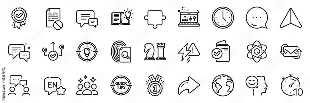 Fototapeta premium Idea, Inspect and Employees messenger line icons pack. Share, Message, Paper plane icons. Correct way, Sound check, Wrong file web icon. Lightning bolt, Refresh mail, Approved pictogram. Vector