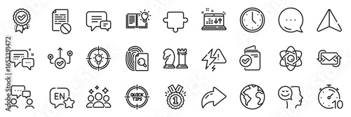 Idea, Inspect and Employees messenger line icons pack. Share, Message, Paper plane icons. Correct way, Sound check, Wrong file web icon. Lightning bolt, Refresh mail, Approved pictogram. Vector