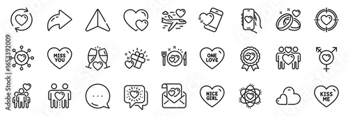Love award, Friends chat and Dating app line icons pack. Share, Message, Paper plane icons. Genders, Nice girl, One love web icon. Atom, Valentine target, Update relationships pictogram. Vector
