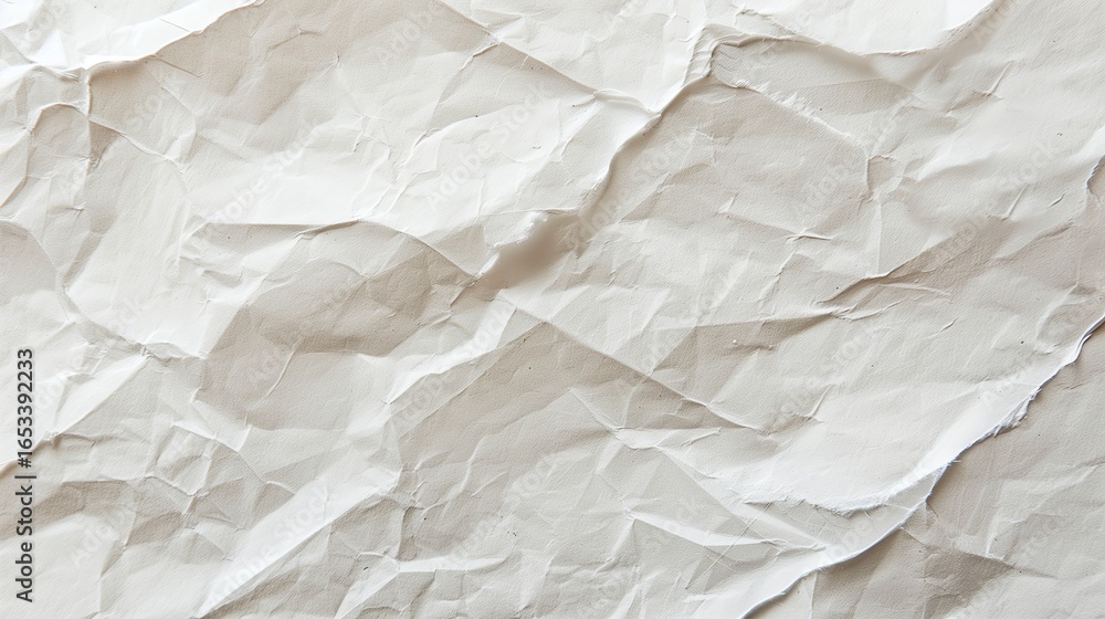 Fototapeta premium Top-down macro texture of white paper with light creases and faint fold marks, visible fiber details
