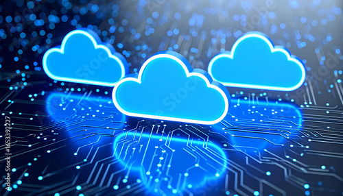 Abstract glowing blue cloud computing icons on a futuristic circuit board; digital technology, network infrastructure, data storage, and cybersecurity concept.