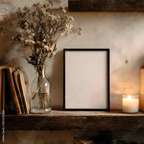 Shelf with empty frame dried flowers and candle decor