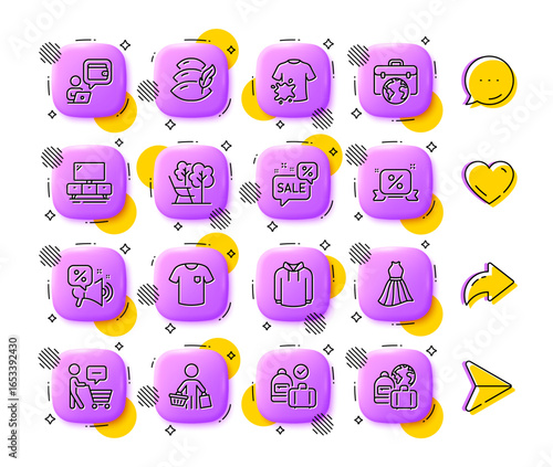 Tv stand, Pillow and Wallet line icons. App 3d buttons. Social media comment, share, like icons. Pack of Discounts ribbon, Discounts bubble, Carry-on baggage icon. Vector
