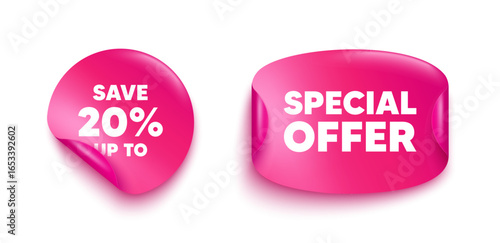 Discount sticker banner. Paper price label. Save up to 20 percent tag. Discount Sale offer price sign. Special offer symbol. Paper sticker with message. Offer label banner. Vector