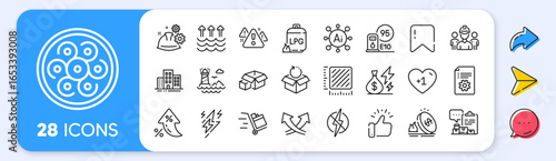 Intersection arrows, Return package and Engineering team line icons. Interest rate, AI generate, Inflation icons. Pack of Electricity price, Working process, Cable section icon. Vector