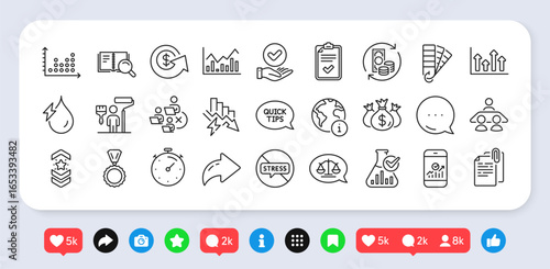 Smartphone statistics, Interview job and Dollar exchange line icons pack. Social media: share, comment, like icons. Upper arrows, Hydroelectricity, Search book web icon. Vector