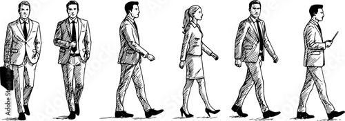 Vector silhouettes of men and women, group of walking business people, profile, hand draw, linear sketch, black and white color, isolated on white background