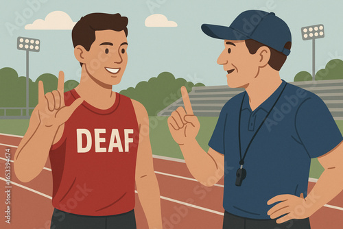 Flat illustration of deaf athlete using sign language with coach