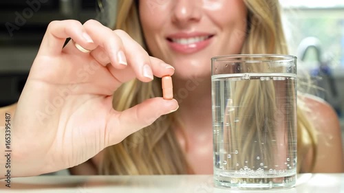 Woman Holding Pill Near Water Glass, Ready to Take Medication for Health