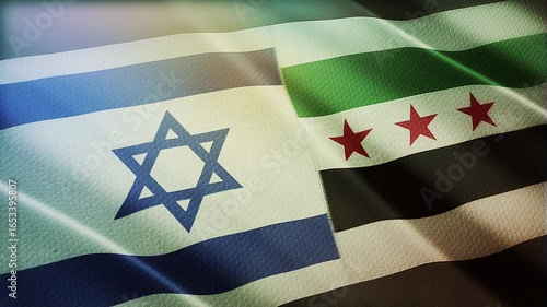 The diagonal and stitched-aligned combined Israel and Syria flags are waving in the wind. Concept of Strategic negotiation, national relationship, Conflict, and War. 