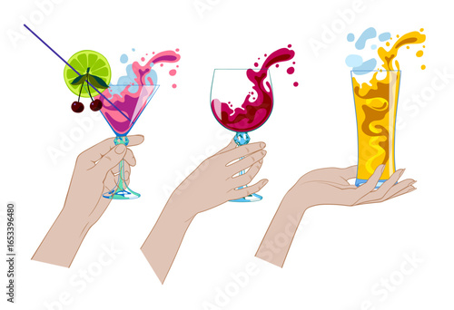 Set of female hands with transparent glasses with colorful various spilling drinks isolated on white. Vector illustration in flat style