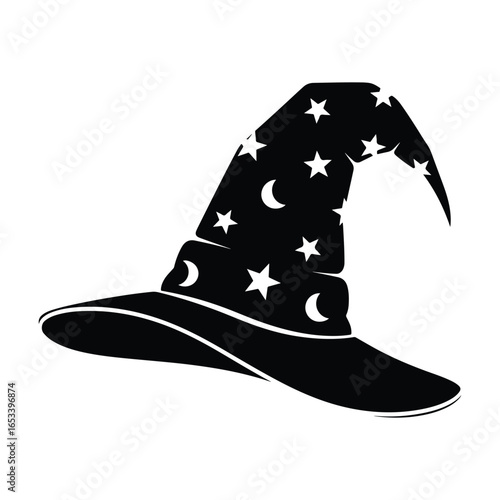 black and white illustration of a wizard hat with stars and moons, ornate magical design