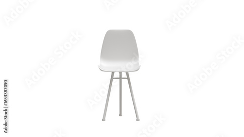3D visualization of a white chair with three thin metal legs on a white background, a minimalist furniture object for interior