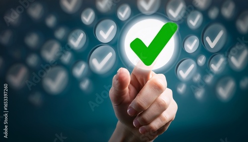 Obraz na płótnie hand selecting a green checkmark symbolizing approval and decision making
