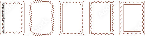 set of decorative rectangular frames with scalloped and zigzag borders, brown outline vector templates and borders