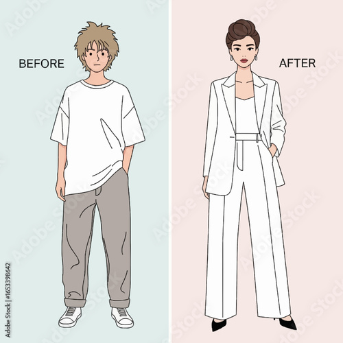 Visual transformation highlighting a shift in personal style, showcasing a comprehensive fashion makeover from casual daily wear to an elegant and sophisticated ensemble.