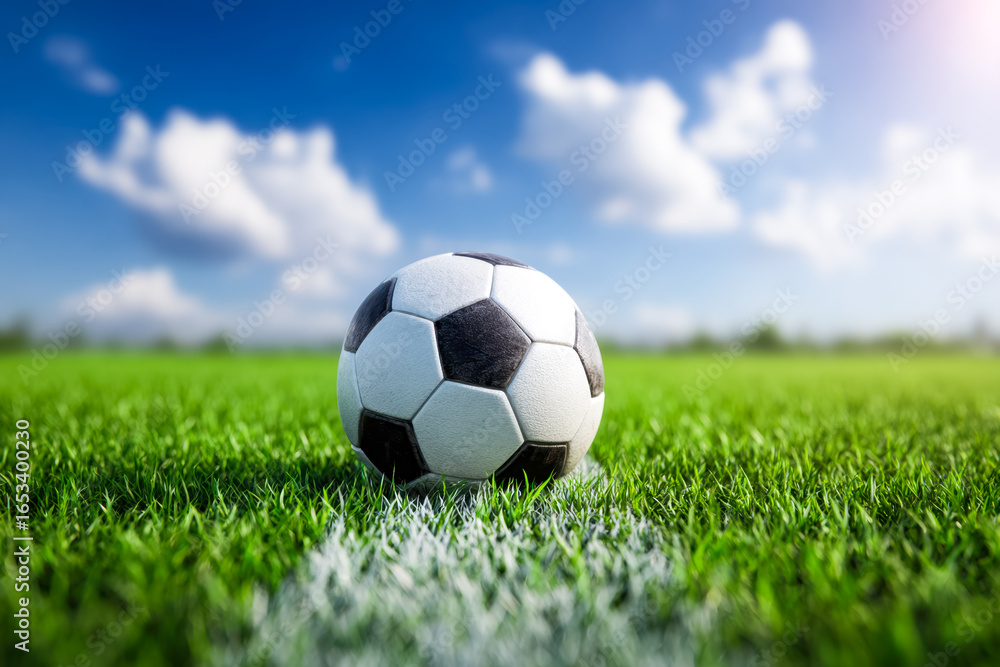 Fototapeta premium Classic black and white soccer ball on a lush green field under a bright blue sky