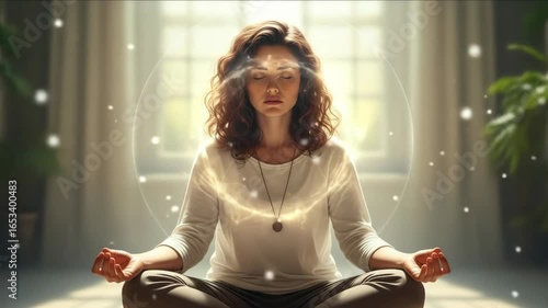 Serene meditation with peaceful ambient light and floating particles