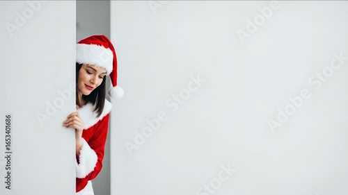 Cheerful woman in santa outfit playfully peeking around corner in festive setting